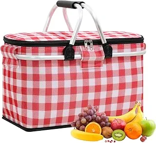 Panier de Pique-Nique Pliable, Sac Isotherme 30L, Panier Thermique avec Poignée, Panier à Provisions, Grande Capacité, pour Camping, Voyages, Shopping, Activités de Plein Air (Rouge-Blanc)